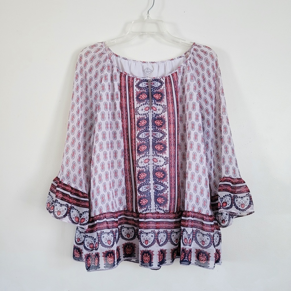 St. John's Bay Flowy Boho‎ Print Blouse Long Sleeves White Multi // Large